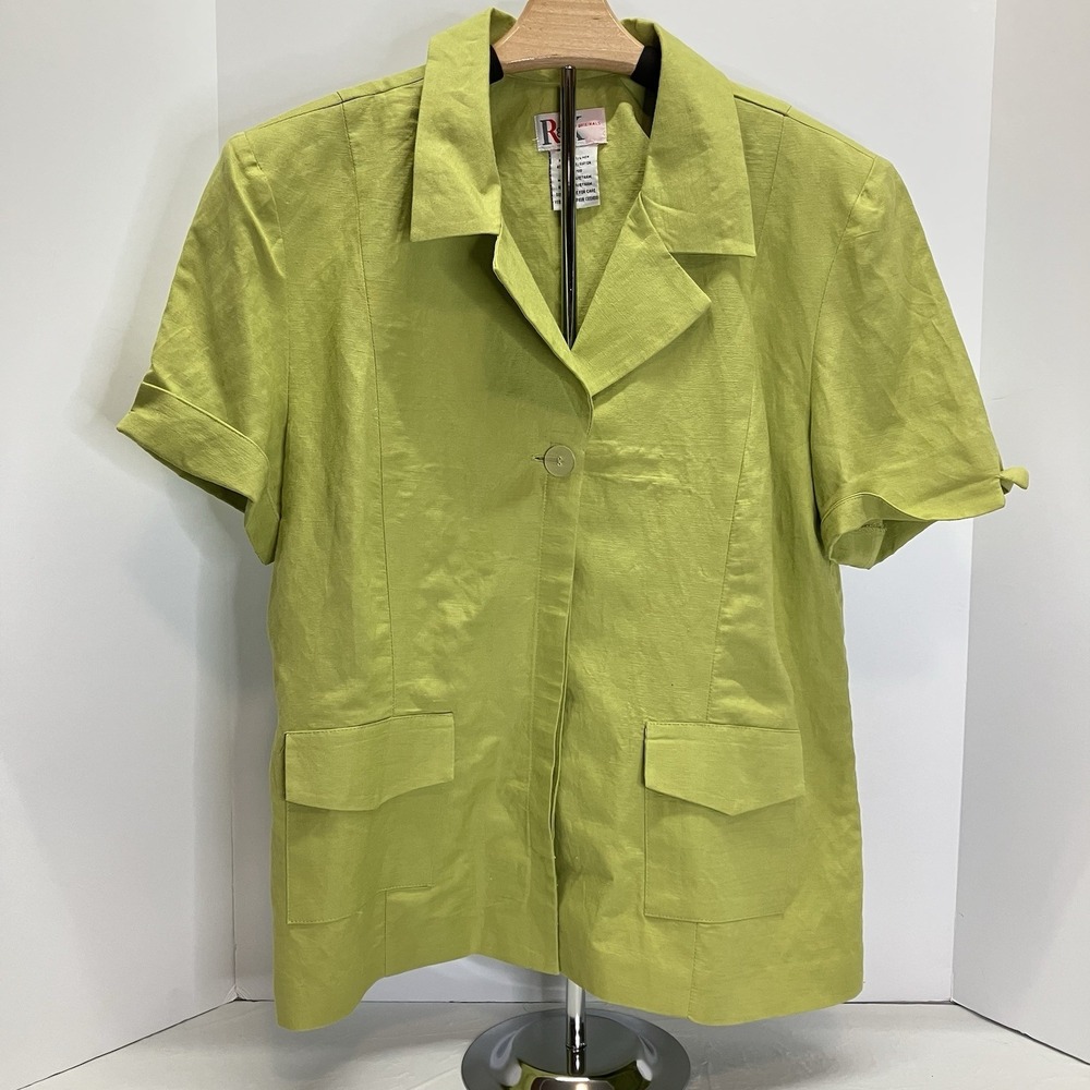 R&K Originals Womens Lime Green Linen Button Up Collared Short Slv Shirt Size 16